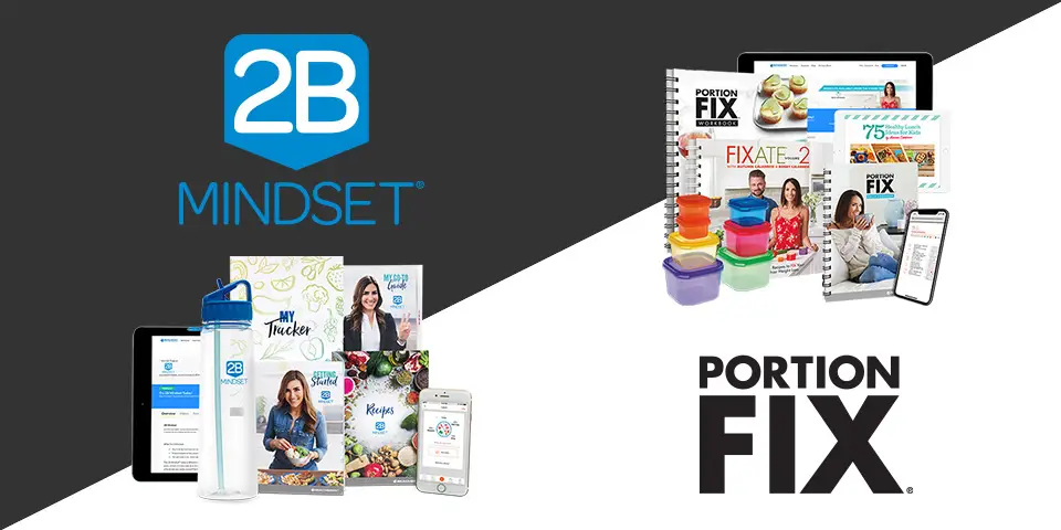 2B Mindset and Fixate nutrition program logos. 2B Mindset is a sustainable eating plan focusing on hydration and mindful eating for weight management, not deprivation. Fixate is a practical eating system using color-coded containers that teaches portion control and sustainable nutrition for energy.