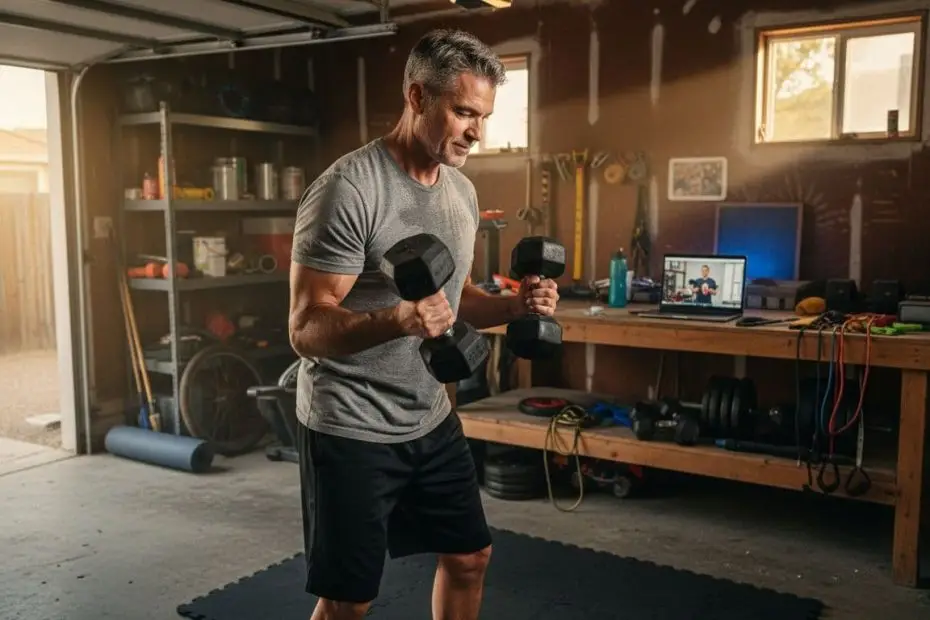 A man in his mid-50s works out with dumbbells in his home garage gym. This authentic image represents building functional fitness for longevity and health esteem, not aesthetics.