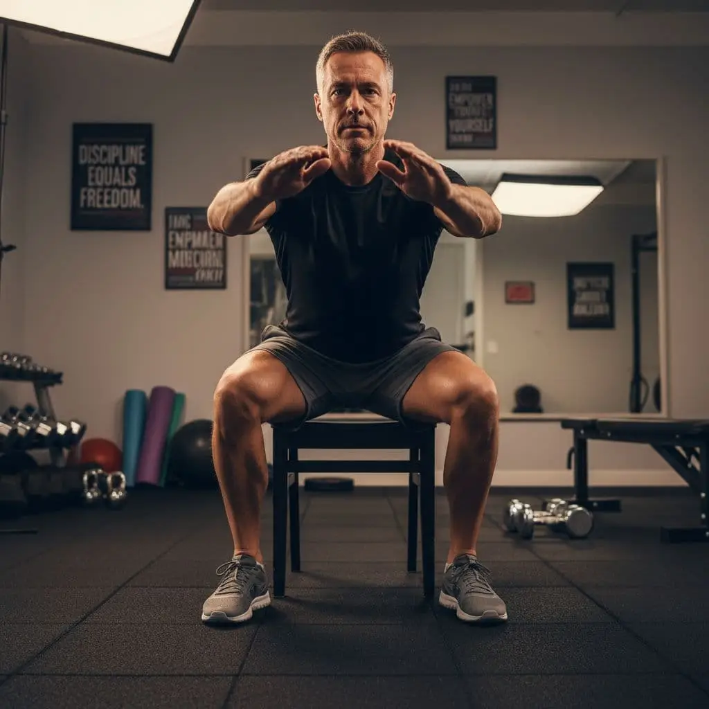 Chair squats are perfect for functional fitness. This is a middle-aged man demonstrating a proper chair squat exercise. This functional fitness movement builds leg strength for independent living, crucial for getting up from a chair or car seat easily.